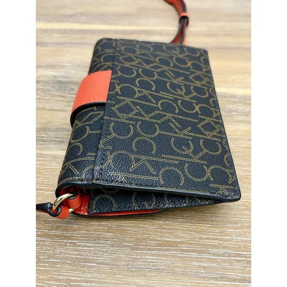 Calvin Klein Women’s Monogram Crossbody Wallet Purse Brown/Red Multi Card Slots